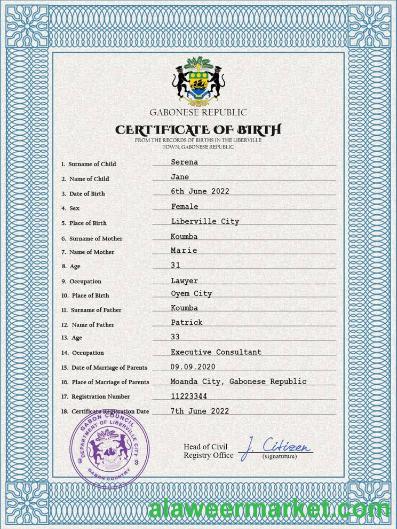 Gabon birth certificate PSD template